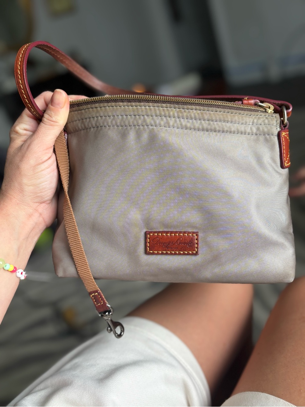 Dooney & Bourke Taupe Crossbody Wristlet with Brown Leather Trim